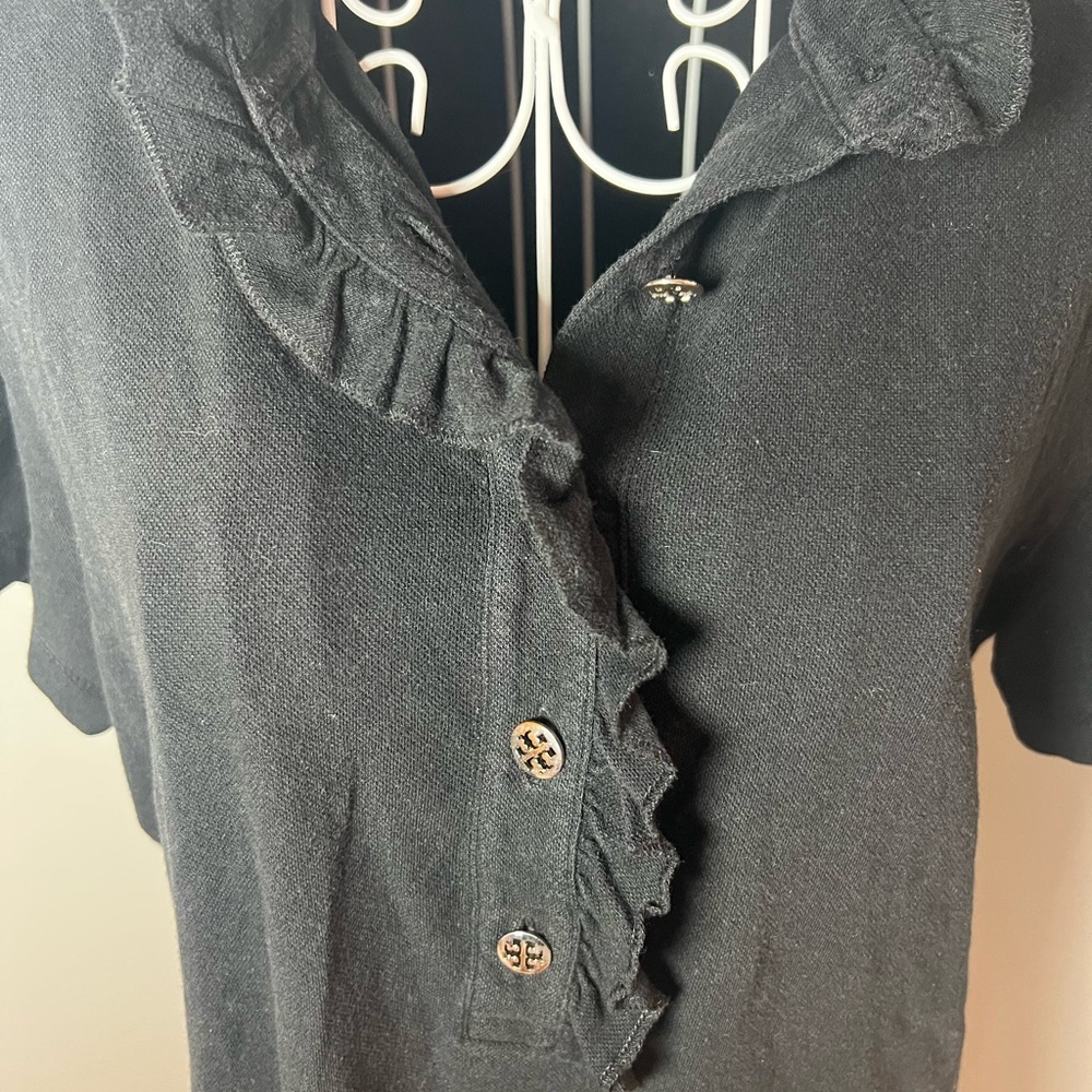 Tory Burch Black Emily Ruffle Polo Size L Pima Cotton Old Money Quiet Luxury - Picture 2 of 5